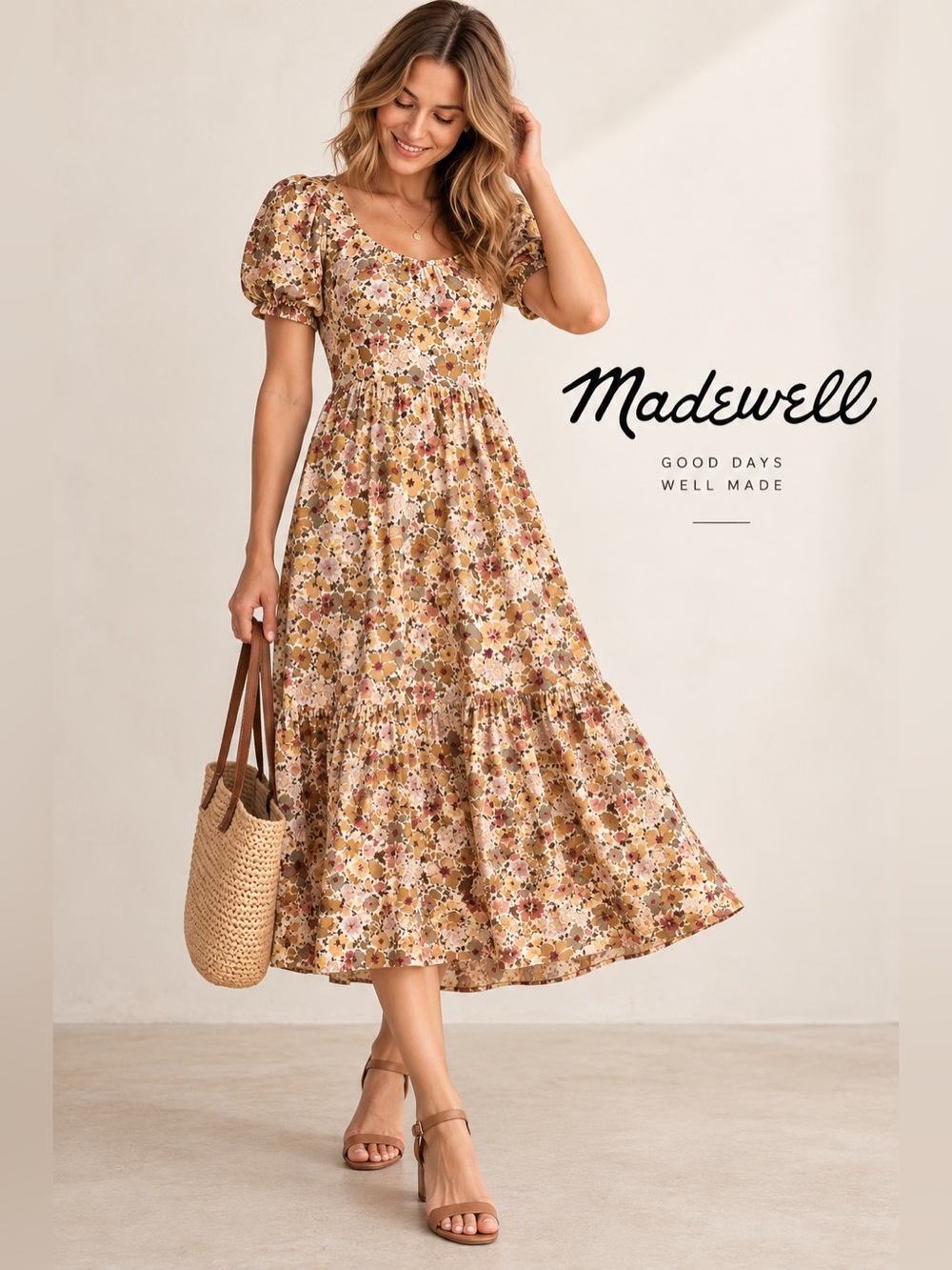 Madewell Puff Sleeve Open Back Midi Dress 10 Flora Field Floral Cottagecore - Picture 1 of 10